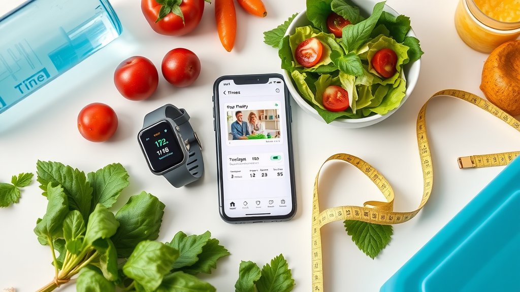 Healthy lifestyle essentials: smartphone with nutrition tracking app open, fitness tracker, salad, and measuring tape for women