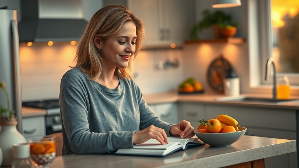 Woman reflecting on wellness progress after using nutrition tracking apps, closing food journal at kitchen island for sustainable healthy eating